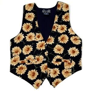 Vintage 90s Daisy Floral Vest Button Front Navy Yellow Brown Atlast & Co Size M
